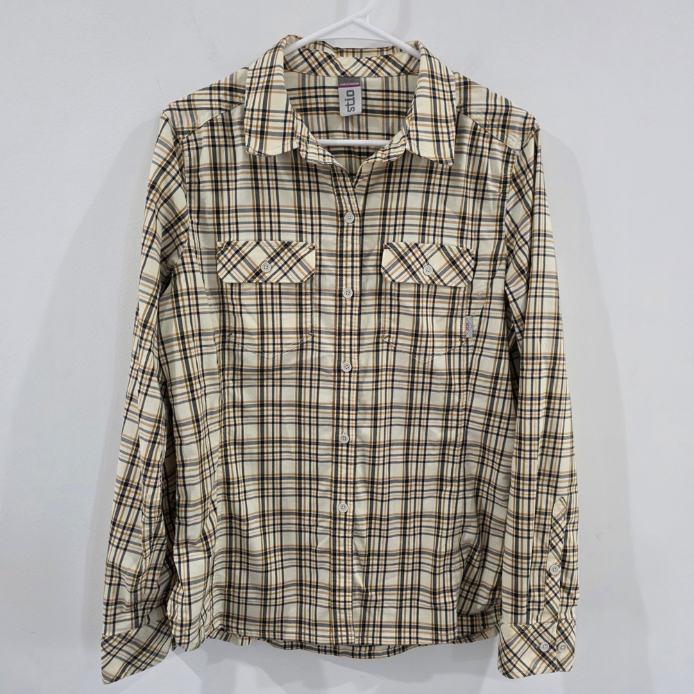 Stio Womens Button Down Shirt Size Large Cream Plaid Western Long Sleeve Stretch